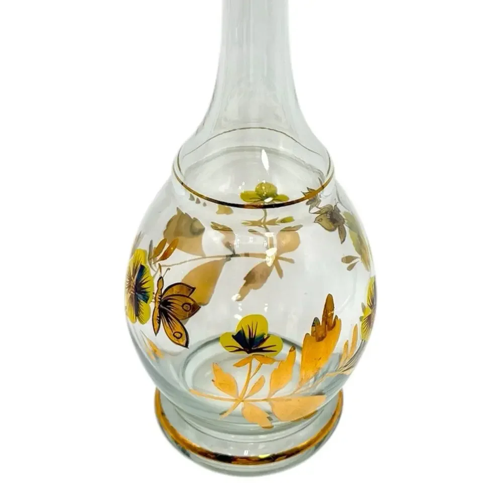 Vtg Romanian Hand Painted Crystal Floral Decanter & 5 Stemmed Glasses Yellow EUC